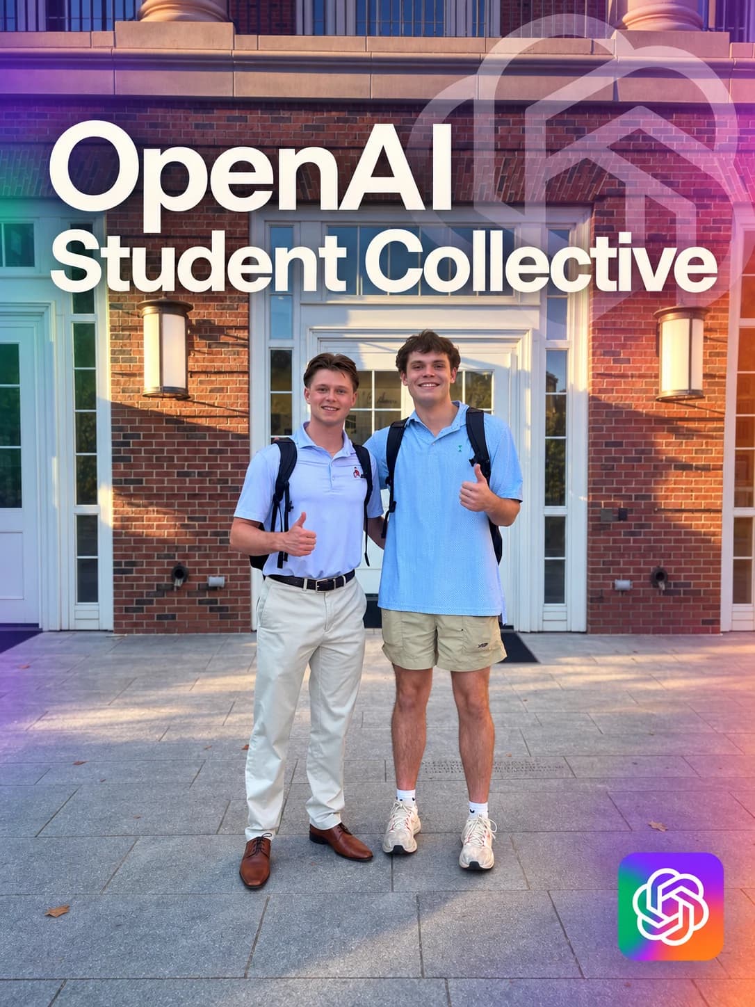 OpenAI Student Collective poster with two students outside a campus building