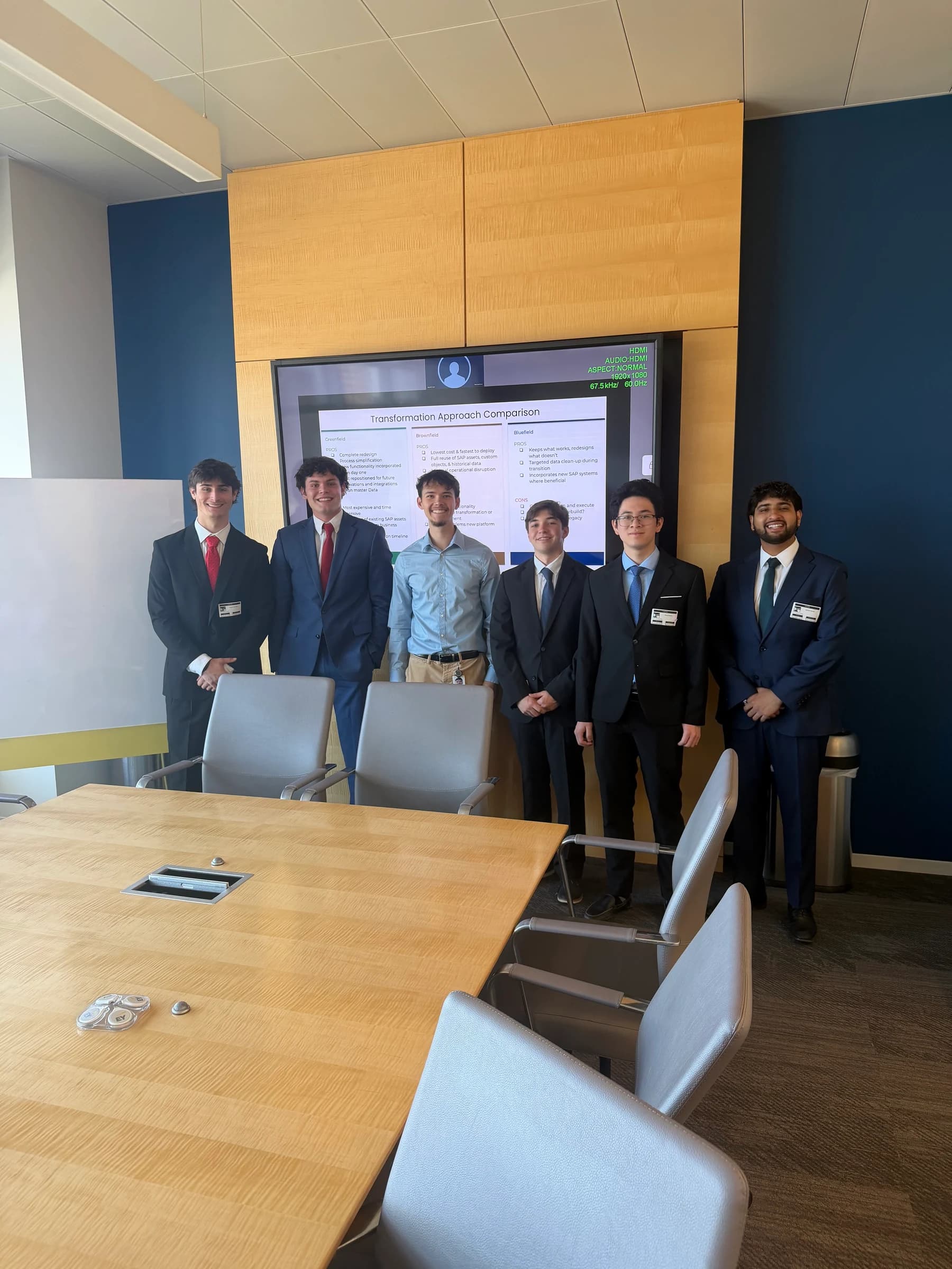 Six people standing in a conference room in front of a presentation screen
